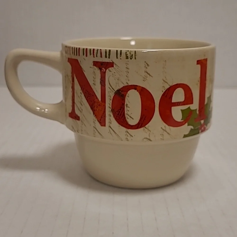 Pier 1 4 Stackable Stoneware Coffee Christmas Mugs w/Rack Love Joy Peace Noel